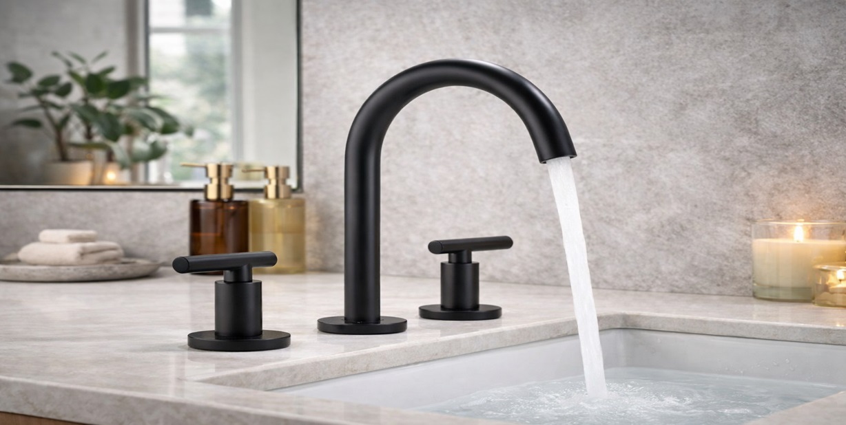 Newport three-hole widespread bathroom sink faucet with dual handles